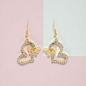 Fashion Heart Rhinestone Drop Earrings Butterfly Heart Elegant Jewelry